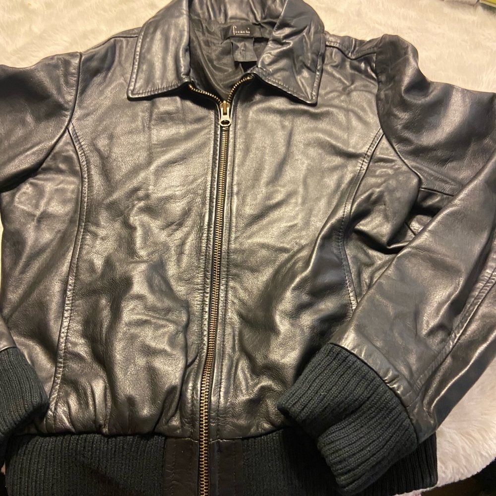 Frenchi black leather full zip bomber jacket size XS - Picture 3 of 11